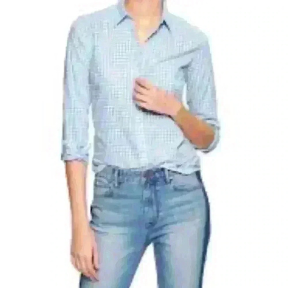 Gap Gingham Button Down S Coastal Blue Check Shirt Nautical Boyfriend Fit - Picture 1 of 12